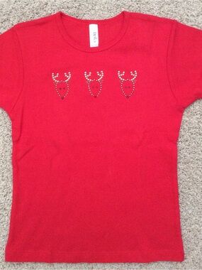 Bella Girls Red Rhinestone Rudolph Reindeer Holiday Tee Shirt Size 10-12